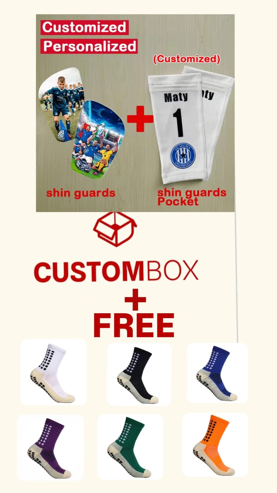 custom shin guards + shin pockets + Free socks of your choice
